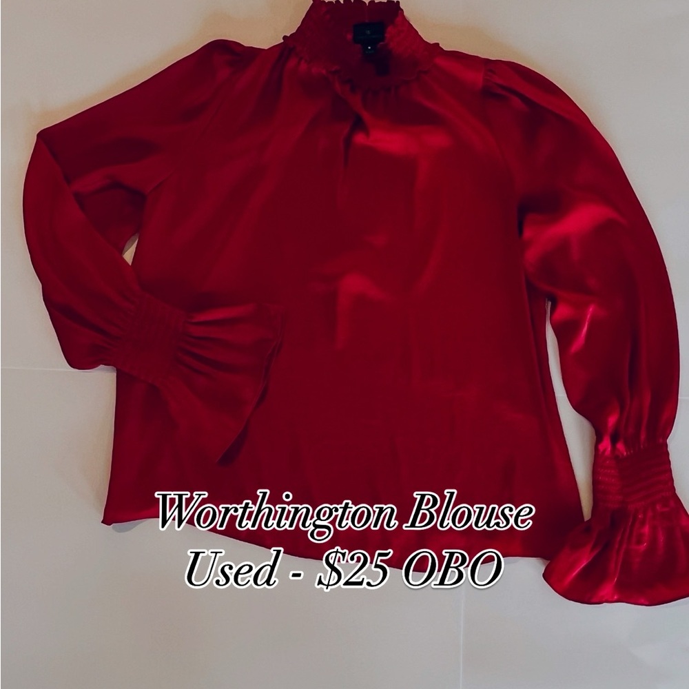 Worthington Red Ruffled Long Sleeve Blouse with Mandarin Collar